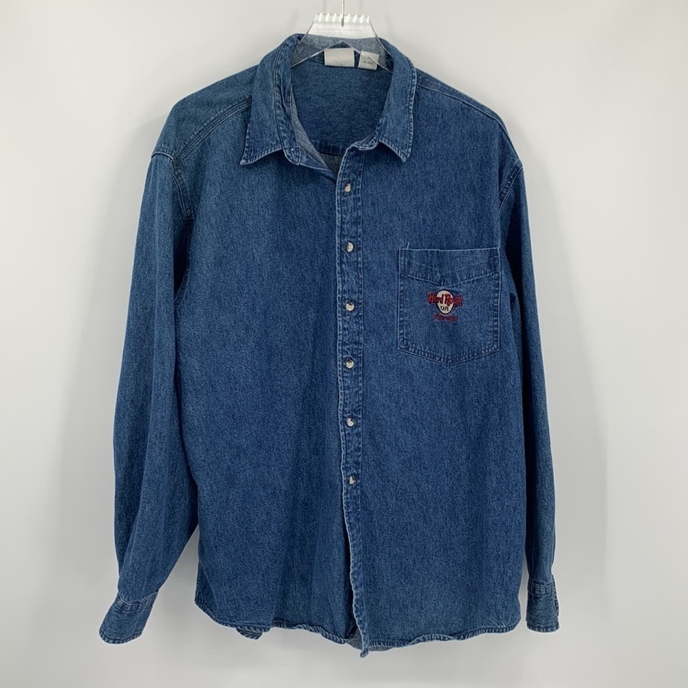 Hard Rock Cafe denim cotton shirt button embroidery blue Montreal Canada Men XL